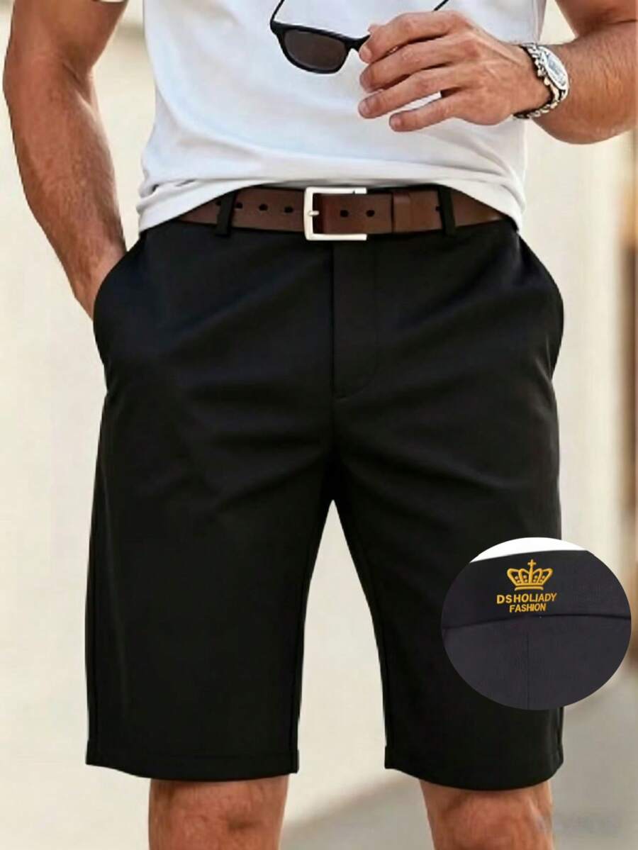 Men's Summer Shorts, Business Casual Minimalist Solid Color Crown Shorts - Black - View 1