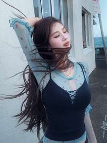 法式蕾丝边镂空碎花吊带背心，可调节肩带，两件套，修身款，夏季 - 藍色 - 查看 4