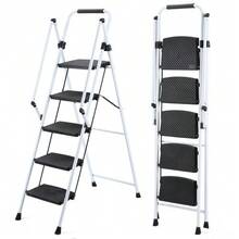 White Four-Step Ladder, Lightweight, Foldable Four-Step Stool, Wide, Non-Slip Treads And Safety Handle, Sturdy Steel Ladder, Versatile Use, Suitable For Home, Kitchen, Office And Elevator - 5 Steps - View 1