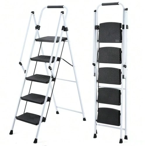 White Four-Step Ladder, Lightweight, Foldable Four-Step Stool, Wide, Non-Slip Treads And Safety Handle, Sturdy Steel Ladder, Versatile Use, Suitable For Home, Kitchen, Office And Elevator - 5 Steps - View 1