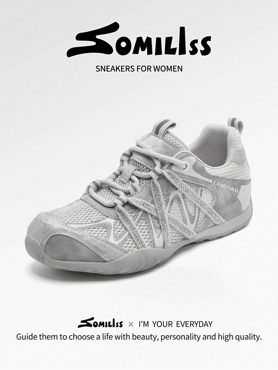 somiliss Women's Flat Mesh Casual Sneakers, Fashion Rhinestone Soft Bottom Comfortable Walking Shoes, Versatile Chunky Sneakers For Daily Commute, Thin Lightweight Summer 2026, Silver Gray
