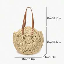 1Pc Hand Crochet Breathable Tote Bag With Leather Shoulder Strap, Female Summer Large Beach Bag For Outdoor And Daily Use - Khaki - View 3