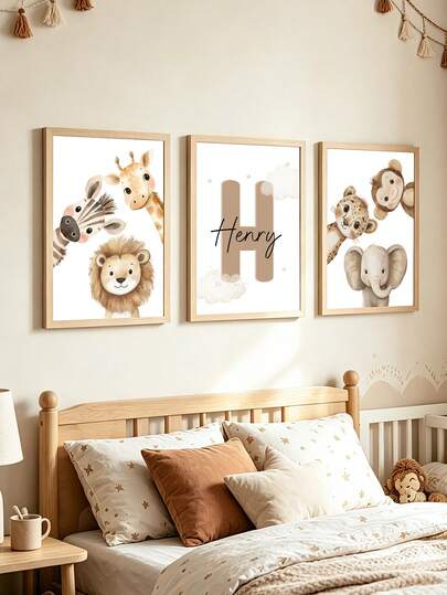 3pcs Personalized Animal Zoo Theme Wall Art Posters, Customizable Name, Selectable Letter Color, Cute Baby Animal Decor For Kids Room, Modern Minimalist Wall Hanging, Suitable For Bedroom Living Room, Birthday Gift, Newborn Gift, Frame Not Included