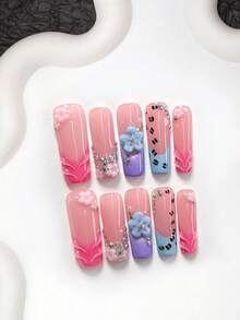 10Pcs Japanese Cute Style Handmade Nail Art Set,Polygel Nail Set,Handcrafted Interior With Blue Five-Petal Flowers, Pink Camellias, And Colorful Round Rhinestone Nail Art Accessories,Hand-Painted Brown And Black Leopard Print, Solid Color Water Ripple Nail Art Decoration,Rose Red And Purple Nail Polish,Newlywed Nail Art Set - Nhiều màu - Xem 15