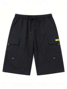 Men's Summer Cargo Pocket Drawstring Waist Casual Sporty Capri Pants - Black - View 5