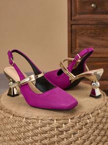 7cm Bright Fuchsia Square Toe Chunky Heel Mules Sandals, Gold Asymmetric Heel, Elegant Women Shoes For Summer - Hot Pink - View 5
