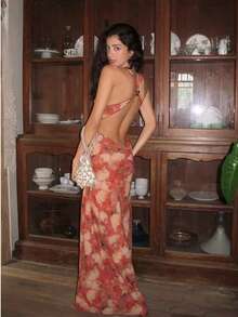 Vintage Red Ditsy Floral Sexy Spaghetti Strap Backless Dress, European And American Fashion Beach Holiday Dress For Women Vacation Party Summer - Red - View 6