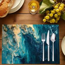 1pc/4pcs/6pcs/8pcs Abstract Seawater Pattern Linen Placemats, Suitable For Dining Table, All Season Decor, Modern Washable Table Mats, Room Decor, Coasters, Kitchen Dining Mats, Indoor Outdoor Party Decoration, Home Decor, Ideal Gift - Multicolor - View 5