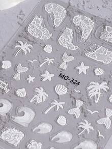 3 piezas de pegatinas de uñas de verano con diseños de conchas marinas, estrellas de mar y medusas en relieve de color blanco, olas y playa, autoadhesivas para decoración de manicura de salón con diseño de arte de uñas tropical de Hawái - Multicolor - Ver 8