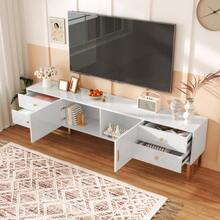 TV Unit, Low Panel With Textured Door, TV Unit With Drawers, Gold Handles And Gold Legs. - White - View 6