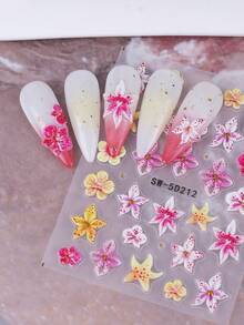 2片装热带夏季芙蓉花美甲贴纸，自粘彩色海星和花卉5D立体浮雕设计美甲贴花，黄色和粉色花卉图案美甲装饰DIY美甲用品（女士款） - 彩色 - 查看 5