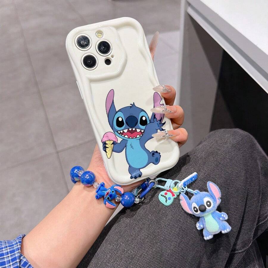 Disney Has Authorized, Phone Case - Chain Set, The Stitch Lilo & Stitch Phone Case Plus A Silicone 3D Or Fluffy Style Stitch Bracelet With Metallic Ring Removable Bracelet, Stitch And Angel Pattern, Compatible With Iphone 17/16/15/14/13/12/11/XS/XR/X Plus Pro Max, Wavy Design Phone Case For Girl, A Stylish Cartoon Summer Phone Case, The Perfect Gift Choice, Phone Protection, Durable Phone Cover, Great Gift For Friends And Family - Kiểu trắng B - Xem 1
