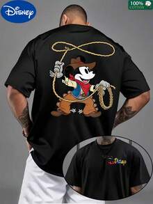 Disney CollaborationDisney Cowboy Mickey Mouse Print Oversized T-Shirt For Men, 100% Cotton Casual T-Shirt,Mother's Day,Father's Day,4th Of July - 黑色 - 查看 1