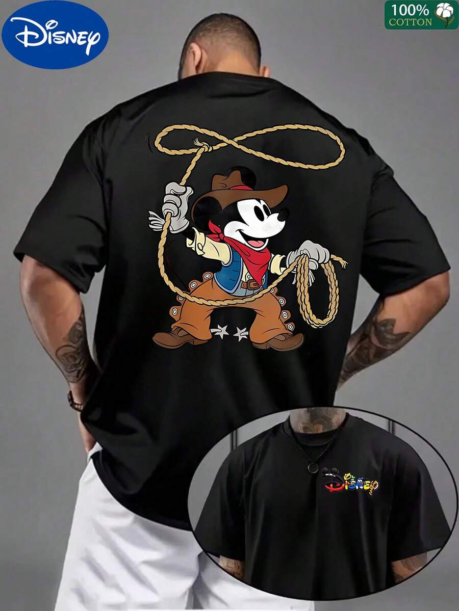 Disney CollaborationDisney Cowboy Mickey Mouse Print Oversized T-Shirt For Men, 100% Cotton Casual T-Shirt,Mother's Day,Father's Day,4th Of July - 黑色 - 查看 1