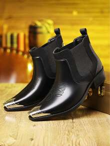 Men's Metal Cap Toe Chelsea Boots Faux Leather Pointed Toe Pull On Western Style Dress Boots For Party Wedding Stage Performance - Black - View 3