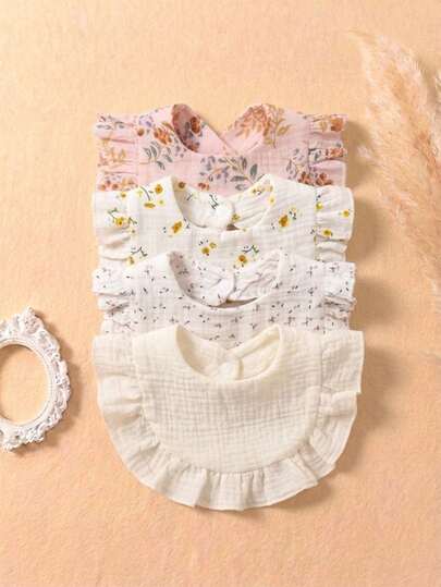 4pcs Floral Ruffle Baby Bibs, Newborn Snap Closure Drool Bibs, Baby Girls Feeding Burp Cloths Set