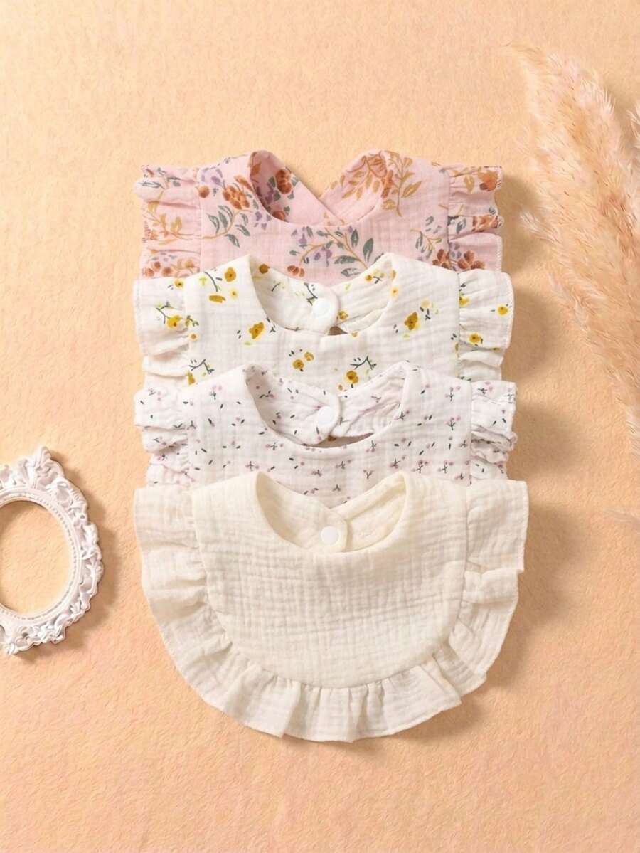 4件套碎花荷叶边婴儿围兜,新生儿按扣式口水巾,女婴喂食拍嗝巾套装 - 彩色 - 查看 1