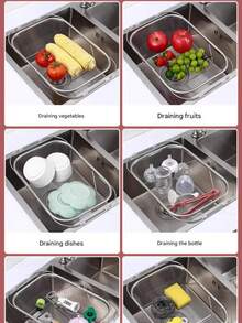 Stainless Steel Retractable Kitchen Sink Drain Basket, Multifunctional Vegetable Fruit Plate Bowl Cutlery Storage Rack - M - View 6