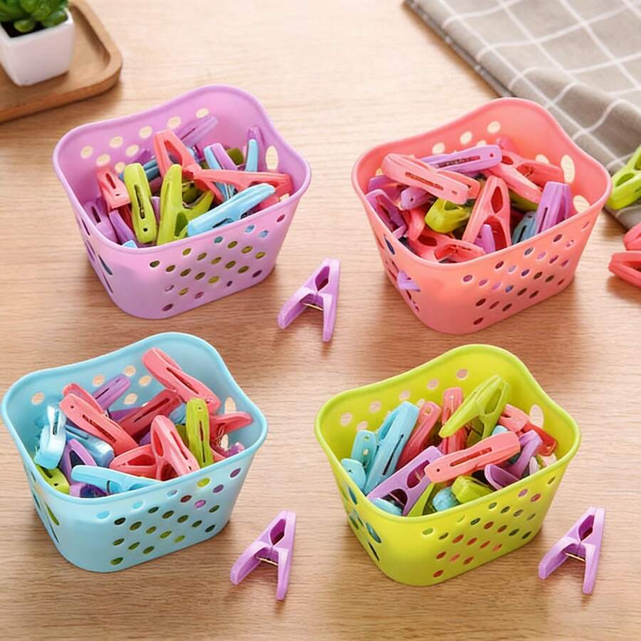 30 chiếc kẹp quần áo bằng nhựa kèm giỏ đựng, kẹp chắc chắn, chống gió, dùng để phơi tất, quần áo và chăn, kẹp giỏ đựng nhiều màu sắc, nhiều màu để lựa chọn. - Nhiều màu - Xem 1