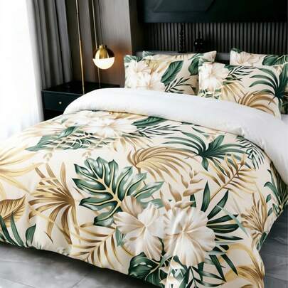Bộ 3 món phong cách Boho nhiệt đới họa tiết lá cọ và hoa dâm bụt, họa tiết lá ngẫu nhiên (1 vỏ chăn + 2 vỏ gối không kèm ruột gối), bộ chăn ga gối mềm mại, ấm áp và thoải mái cho phòng ngủ, phòng khách, ký túc xá. Bộ trang trí in hình hoa hồng, chất liệu mềm mại, thân thiện với da, sang trọng.