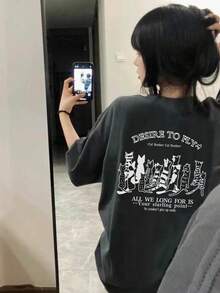 女士时尚宽松休闲字母卡通猫印花短袖T恤，夏季 - 深灰色 - 查看 5