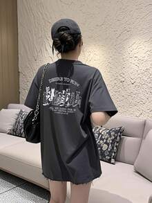 女士时尚宽松休闲字母卡通猫印花短袖T恤，夏季 - 深灰色 - 查看 4
