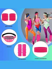 4pcs D EXCEED 80s Women Fitness Set Neon Leg Warmers Headband Wristbands Waist Bag Combo, 80s Accessories Suitable For Yoga, Running, 80s Retro Party, Mother's Day Gift - Multicolor - View 4