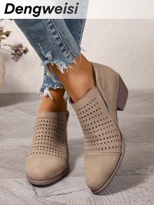 Khaki Hollow Asymmetrical Chunky Low Heel Round Toe Comfortable Versatile Elegant Casual Commute Fashion Spring Boots For Women, All Season - Khaki - View 2