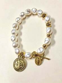 1pc Faux Pearl Beaded Flower, Cross & Virgin Mary Charm Bracelet, Vintage Style, Suitable For Men And Women Daily Wear, Also A Great Gift - Multicolor - View 5