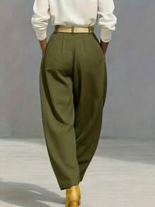 Women's Solid Color Zipper Pocket Pleated Casual Loose Pants (Belt Not Included) Spring - Army Green - View 2