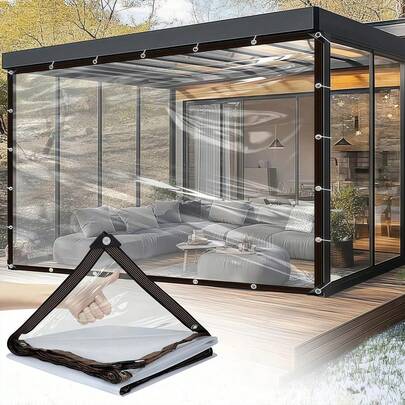 Lona de plástico transparente, resistente al agua, al viento y a los desgarros, lona de PVC transparente y duradera con ojales metálicos, cubierta protectora contra la nieve y el sol, toldo de sombra ventilado adecuado para porche, patio, camping, ¡eficiente y ahorra espacio!