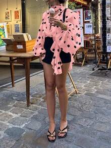 女士休闲性感爱心撞色印花前开襟荷叶边下摆上衣，家居服度假粉色夏季 - 粉色 - 查看 5