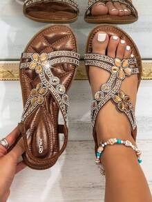 Women's Rhinestone Flat Sandals, Bohemian Style Elastic Band Open Toe, Summer Beach Vacation Shoes - Bronze - View 14