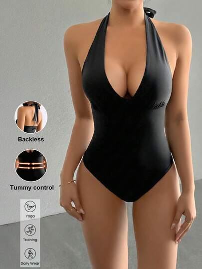 Aoqta Sports 女士夏季休闲纯色连体裤，修身收腹无袖露背深V系带上衣，简约基础款，适合瑜伽、跑步、健身、日常穿着