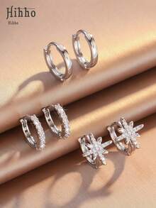 Hihho Bộ 6 chiếc bông tai khoen hình ngôi sao đính đá Cubic Zirconia lấp lánh tối giản, kết hợp với bông tai trơn một hàng đính đá Zirconia cổ điển, bộ quà tặng trang sức cao cấp. - Nhiều màu - Xem 8