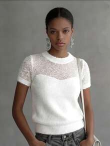Elegant & Fashionable Solid Color Women's Knit Pullover Top, Hollow-Out Design Sweater, Suitable For Dates And Outings White Summer - White - View 8