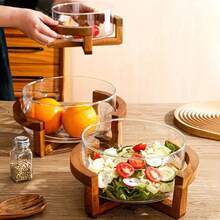 Glass Salad Bowl (With Wooden Stand) - Lead-Free Glass + Natural Wood, Healthy And Odorless, Transparent To Showcase Fresh Ingredients, Can Be Used As Salad Bowl, Fruit Bowl, Snack Plate. Heat And Cold Resistant For Refrigeration/Room Temperature. Wooden Stand Prevents Burns And Adds Aesthetic Appeal. Practical And Stylish Kitchen Essential For Daily Use And Party Gatherings. - Multicolor - View 6
