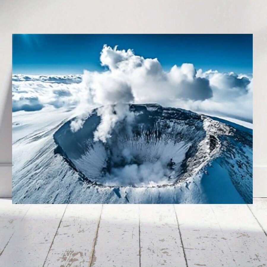 2D Plano, Erupción Volcánica para Habitación - Caldera Volcánica con Nieve Educativa, Marco Envolvente, Estilo Minimalista Chino, Adecuado para Aulas, Hogares, Oficinas, Escuelas, 2D Plano - Enmarcado - Ver 1