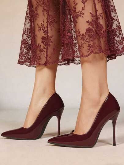 Women's Embossed Patent Leather Pointed Toe Stiletto Heel Pumps, Brown