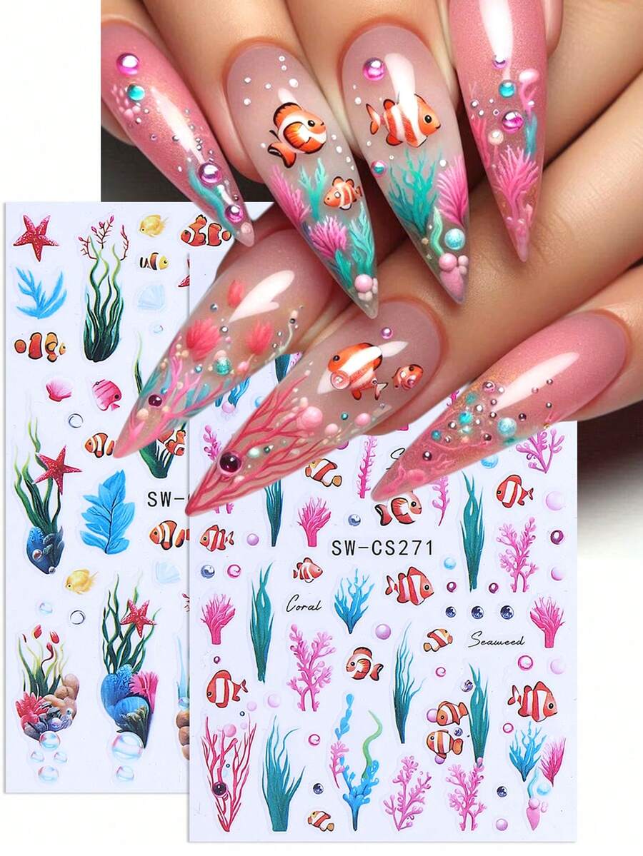 SWEET TREND 3D Cartoon Summer Nail Stickers Ocean Theme 2pcs Cute Fish Coral Seaweed Reef Seashell Starfish Sea Animal Plant Design DIY Kawaii Self-Adhesive Gel Polish Decal Slider Nail Art Decoration Nail Supplies - Multicolor - View 1