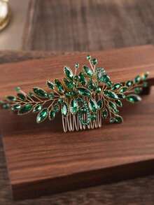 1件装女士白色玻璃水钻长发梳头饰 - 綠色 - 查看 5