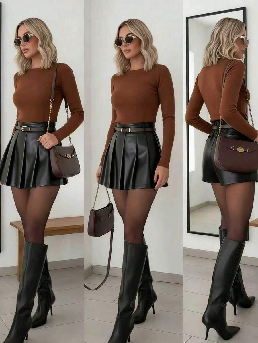 Women's Casual Commuter Pleated Front Pleated Design Shorts Skirt With Belt, Black PU Leather Pleated Zipper Skirt, Short Faux Leather Skort With Belt, Suitable For All Seasons Summer