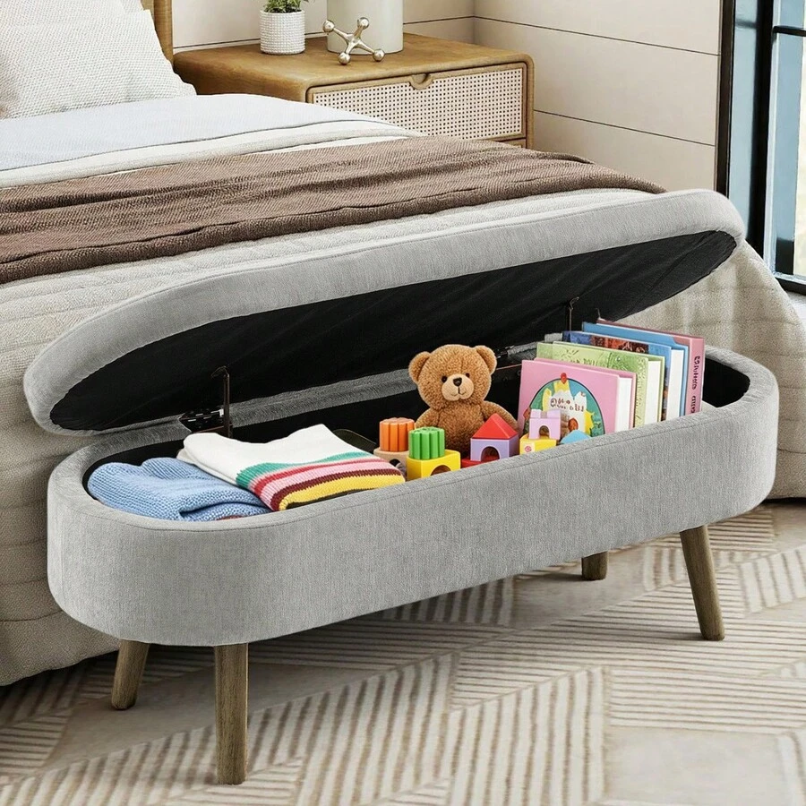 Multifunctional Storage Bench / Soft Chenille Fabric Modern Storage Bench / 20L Storage Space / Wooden Legs / For Bedroom, Living Room, Shoe Bench, Hallway - 灰色 - 查看 1