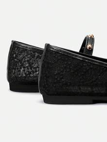 ADAMUMU Women's Fashion Square Toe Ballet Mary Jane Mesh Lace Embroidered Shoes, Buckle Rhinestone Decor, Comfortable Flat Casual Shoes Black, Suitable For Leisure, Gathering, Office - Black - View 8