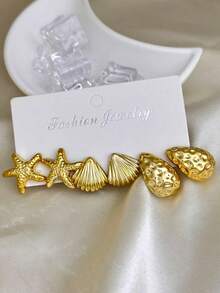 6-12件金银镀金耳环套装，海星、贝壳、水滴耳环，百搭设计 - 彩色 - 查看 7