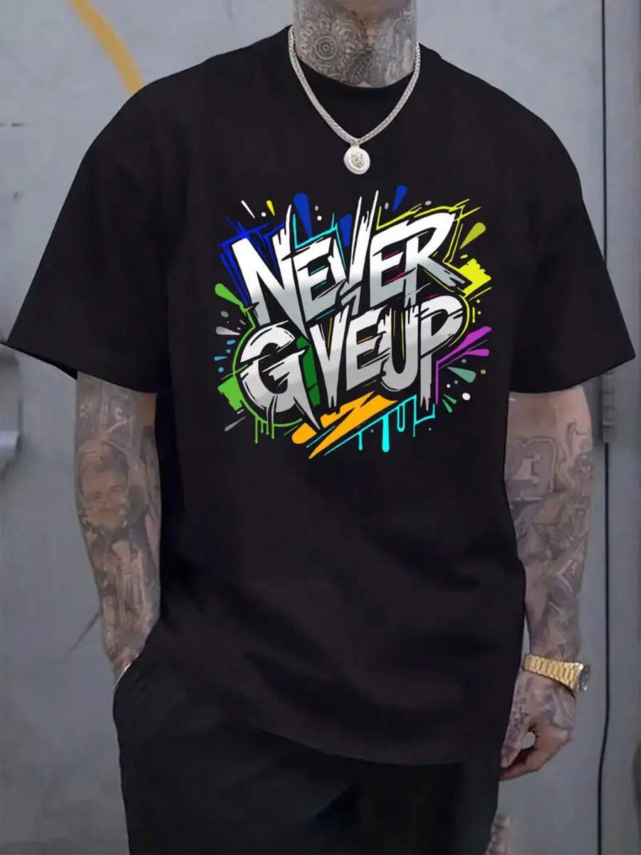Comfortable 100% Cotton Summer Short Sleeve T-Shirt With Inspirational Graffiti Motif Saying "Never Give Up" For Plus Size, Extra Large - 黑色 - 查看 1