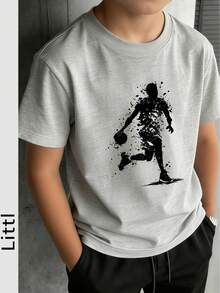 Boys' Casual Basketball Player Graphic Round Neck Short Sleeve T-Shirt, Children's Ink Painting Pattern Print Short Sleeve Top - Light Grey - View 1