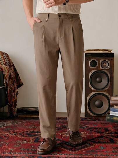VeloEdit Brown Color Men's Solid Color Pleated Pocket Wide Leg Loose Casual Pants Men Wide Leg Pants Oversized Pants Men Baggy Wide Pants Loose Pants Baggy Khaki Pants Vacation Holiday,Beach Clothes Hawaiian Wedding,Spring To Summer Men's Pleated Suit Pants Pants For Men Straight Loose Men Slacks Pants Old Money