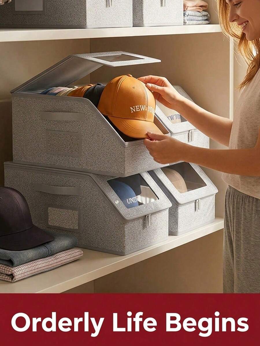 Space-Saving Hat Storage Box With Large Window And Reinforced Side Handles, Transparent Front Panel For Easy Access, Foldable Storage Box Suitable For Hat Collectors And Students, Dust-Proof Multi-Purpose Storage Bag Can Be Placed On Bedside Table, Wardrobe Bottom, And Shelves, Applicable For Bedroom, Bathroom And Household Essentials