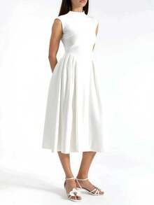 Women's Elegant White Pleated Midi Dress With Stand Collar Neck - White - View 1